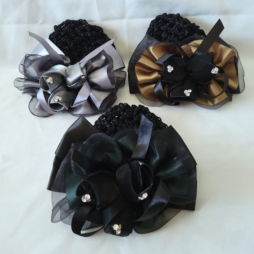 3 Black Ribbon Floral Hair Barrettes with Net